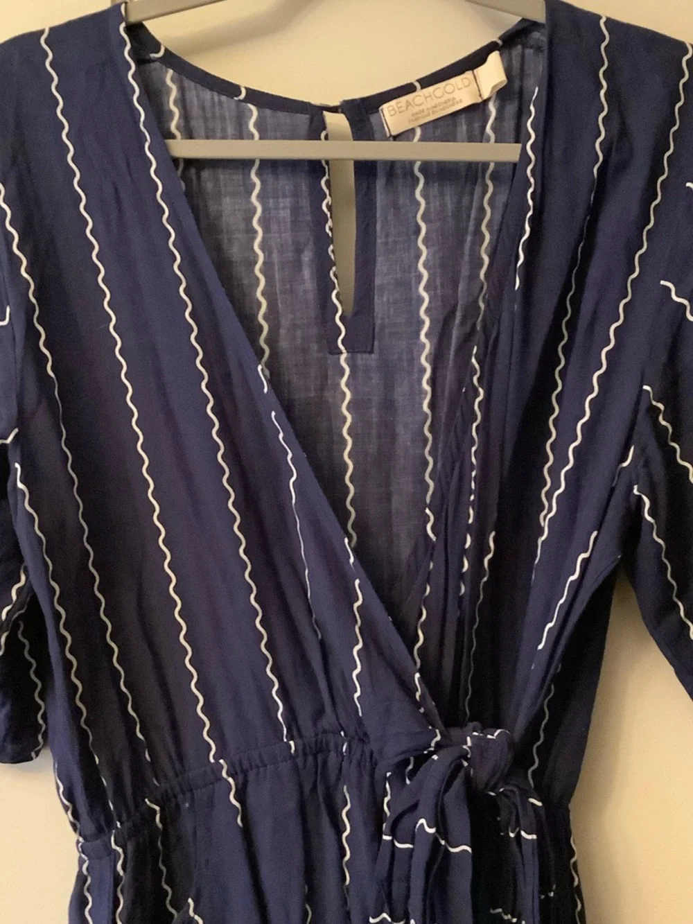 BEACHGOLD Women’s Navy Blue Stripe Wrap Romper Dress - Picture 2 of 6